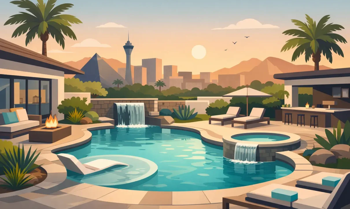 Luxury backyard oasis with resort-style pool, spa, waterfall features, fire pit, lounge seating, and desert landscape with city skyline backdrop.