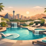 Luxury backyard oasis with resort-style pool, spa, waterfall features, fire pit, lounge seating, and desert landscape with city skyline backdrop.