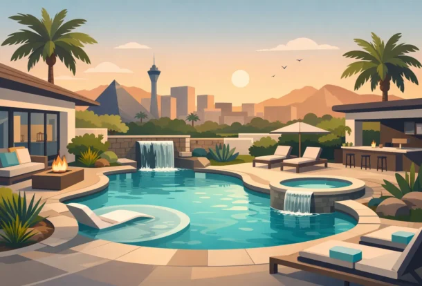 Luxury backyard oasis with resort-style pool, spa, waterfall features, fire pit, lounge seating, and desert landscape with city skyline backdrop.