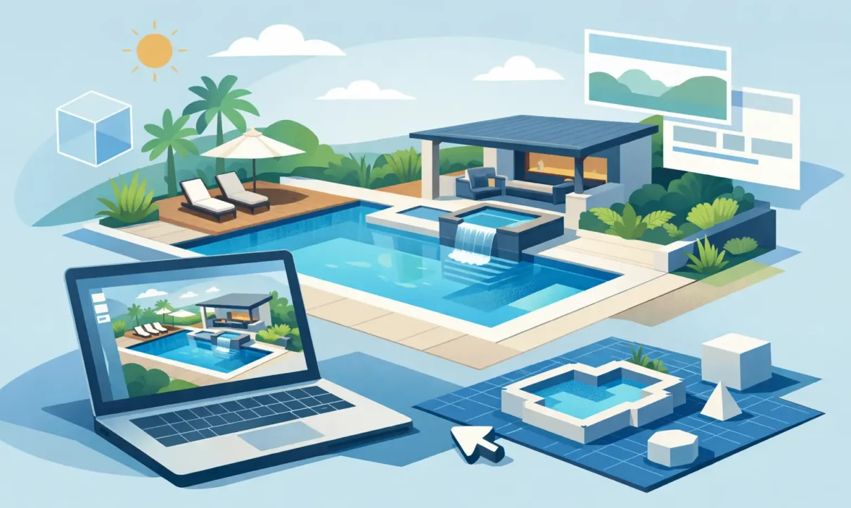 Digital illustration showing a modern backyard design with a swimming pool, spa, outdoor lounge area, and home renovation software displayed on a laptop.
