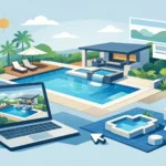 Digital illustration showing a modern backyard design with a swimming pool, spa, outdoor lounge area, and home renovation software displayed on a laptop.