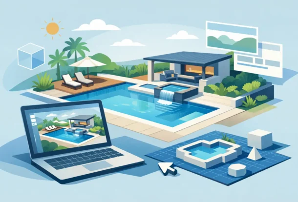 Digital illustration showing a modern backyard design with a swimming pool, spa, outdoor lounge area, and home renovation software displayed on a laptop.