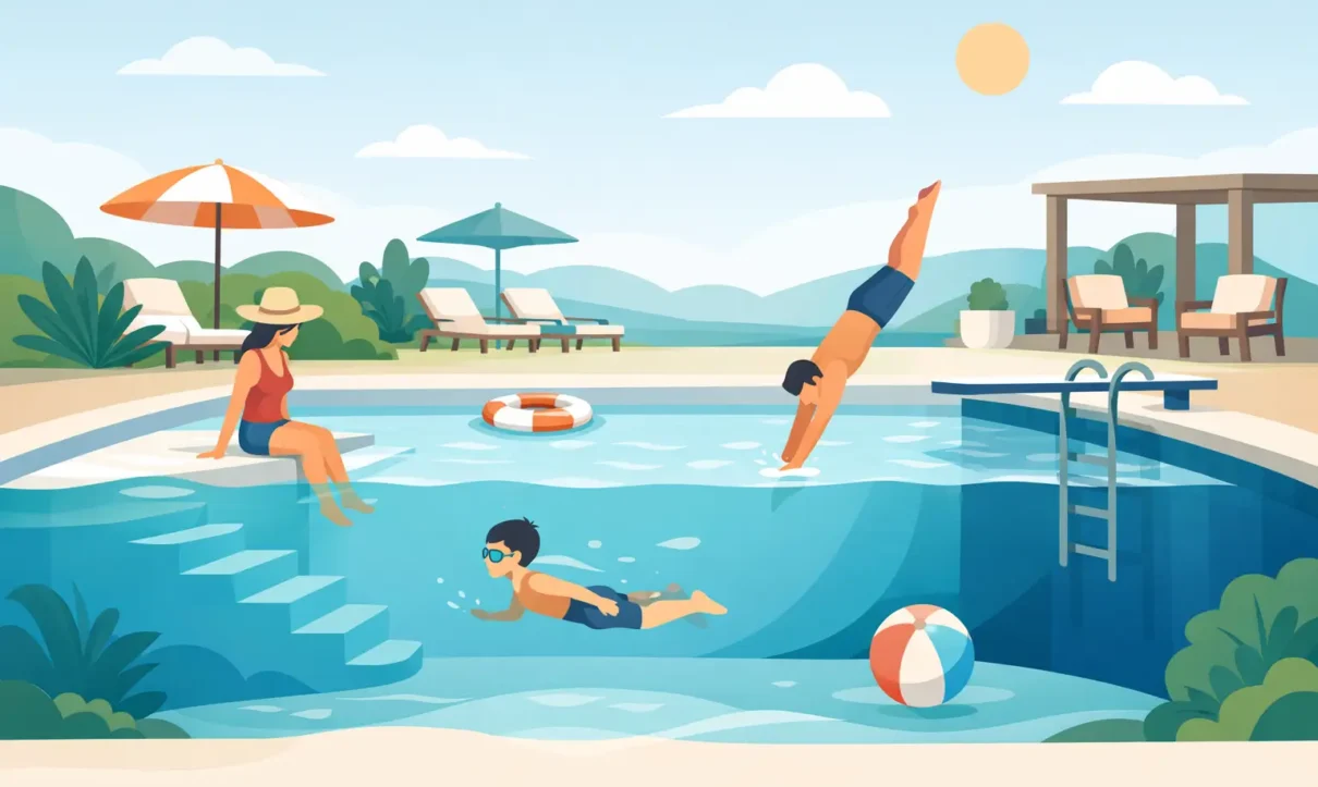 Poolside scene with a woman in a hat sitting on steps, a child swimming underwater, and a diver jumping into the water.