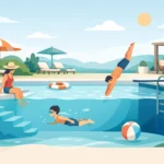 A Guide to Choosing Pool Depth for Your Backyard - Laguna Pools & Spa Poolside scene with a woman in a hat sitting on steps, a child swimming underwater, and a diver jumping into the water.