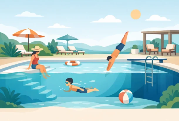 Poolside scene with a woman in a hat sitting on steps, a child swimming underwater, and a diver jumping into the water.