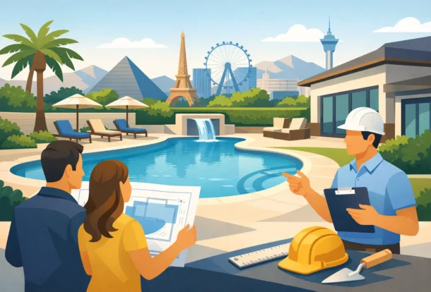 Construction team reviewing pool design plans with custom backyard oasis featuring waterfall feature and spa in background.