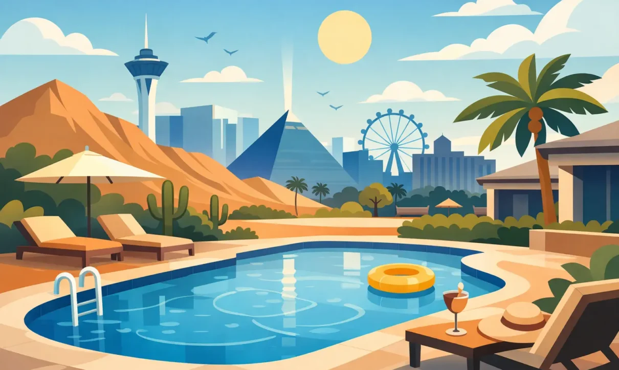 How Much Does a Pool Cost in Las Vegas? - Laguna Pools & Spa Illustration of a luxury backyard oasis featuring a custom swimming pool with lounge chairs, palm trees, and a desert landscape with city skyline.