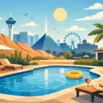 Illustration of a luxury backyard oasis featuring a custom swimming pool with lounge chairs, palm trees, and a desert landscape with city skyline.