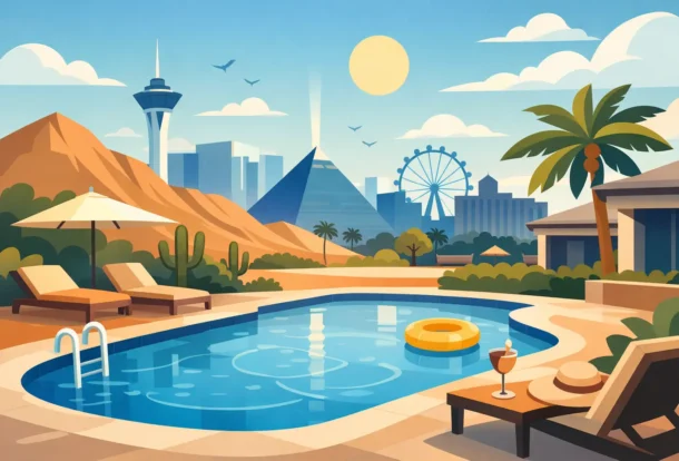 Illustration of a luxury backyard oasis featuring a custom swimming pool with lounge chairs, palm trees, and a desert landscape with city skyline.