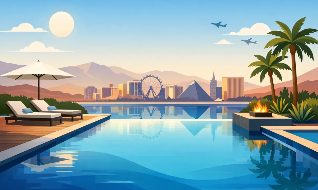 Luxurious resort-style pool with lounge chairs, umbrella, and fire pit overlooking a city skyline at sunset.