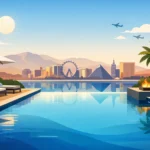 Infinity Edge Pool Design for Las Vegas Backyards - Laguna Pools & Spa Luxurious resort-style pool with lounge chairs, umbrella, and fire pit overlooking a city skyline at sunset.