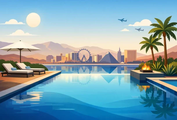 Luxurious resort-style pool with lounge chairs, umbrella, and fire pit overlooking a city skyline at sunset.