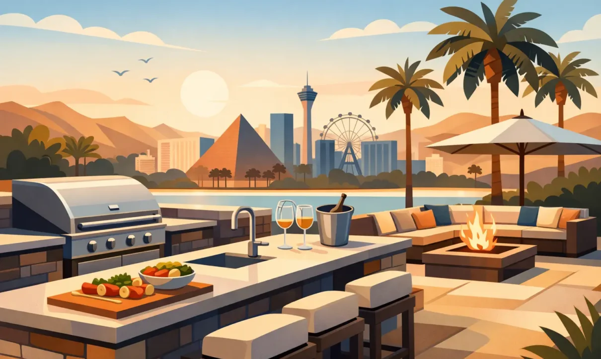 Outdoor Kitchen Design for Las Vegas Living - Laguna Pools & Spa Luxury backyard oasis featuring an outdoor kitchen, firepit, lounge seating, and desert landscape with city skyline view.