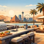 Luxury backyard oasis featuring an outdoor kitchen, firepit, lounge seating, and desert landscape with city skyline view.