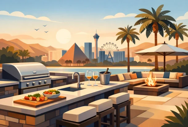 Luxury backyard oasis featuring an outdoor kitchen, firepit, lounge seating, and desert landscape with city skyline view.
