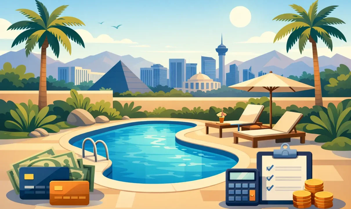 Luxurious backyard oasis featuring a curved swimming pool, lounge chairs, umbrella, palm trees, and downtown skyline view.