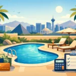 Luxurious backyard oasis featuring a curved swimming pool, lounge chairs, umbrella, palm trees, and downtown skyline view.