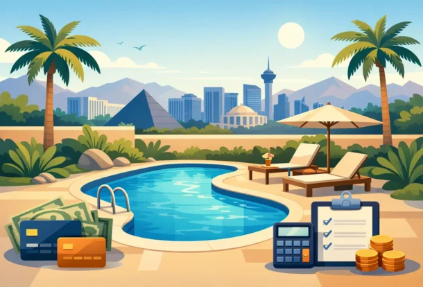 Luxurious backyard oasis featuring a curved swimming pool, lounge chairs, umbrella, palm trees, and downtown skyline view.