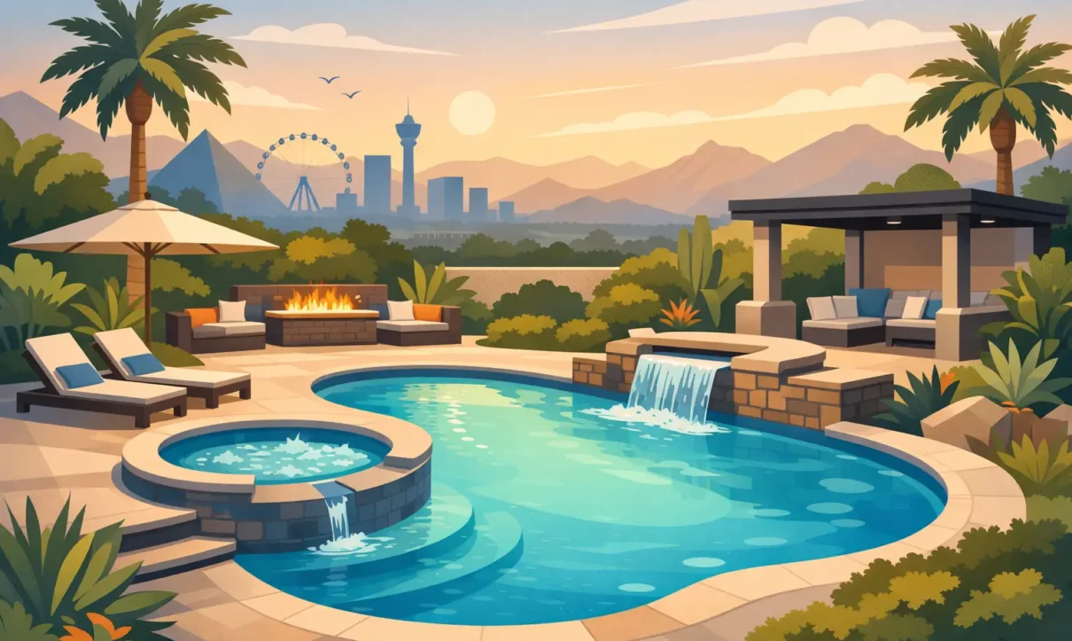 Luxurious backyard oasis featuring a custom pool with waterfall, hot tub, fire pit, outdoor kitchen, and desert landscaping with city skyline views.