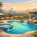 Luxurious backyard oasis featuring a custom pool with waterfall, hot tub, fire pit, outdoor kitchen, and desert landscaping with city skyline views.
