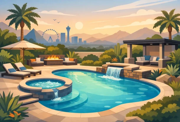 Luxurious backyard oasis featuring a custom pool with waterfall, hot tub, fire pit, outdoor kitchen, and desert landscaping with city skyline views.