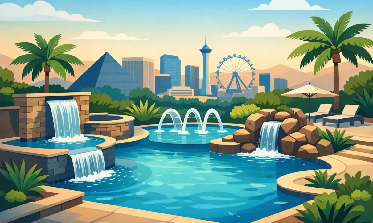 Water Feature Pools That Transform Las Vegas Yards - Laguna Pools & Spa Luxurious backyard pool with cascading waterfalls, fountain features, and desert landscaping overlooking a city skyline.