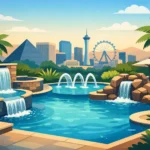 Water Feature Pools That Transform Las Vegas Yards - Laguna Pools & Spa Luxurious backyard pool with cascading waterfalls, fountain features, and desert landscaping overlooking a city skyline.