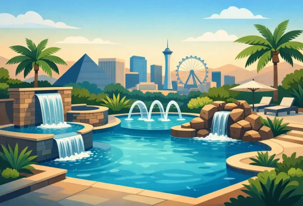 Luxurious backyard pool with cascading waterfalls, fountain features, and desert landscaping overlooking a city skyline.